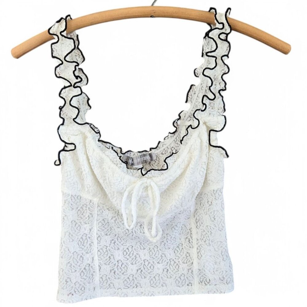 Urban Outfitters Small Elasa White Lace Ruffle Camisole Bustier Top Black Trim - Picture 2 of 7